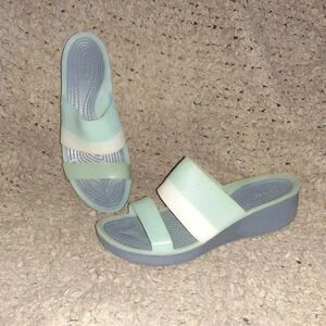 CROCS-Ciabatta-Pale Green/Off White/Gray Translucent Straps-Wedge-Sz 9-Excellent